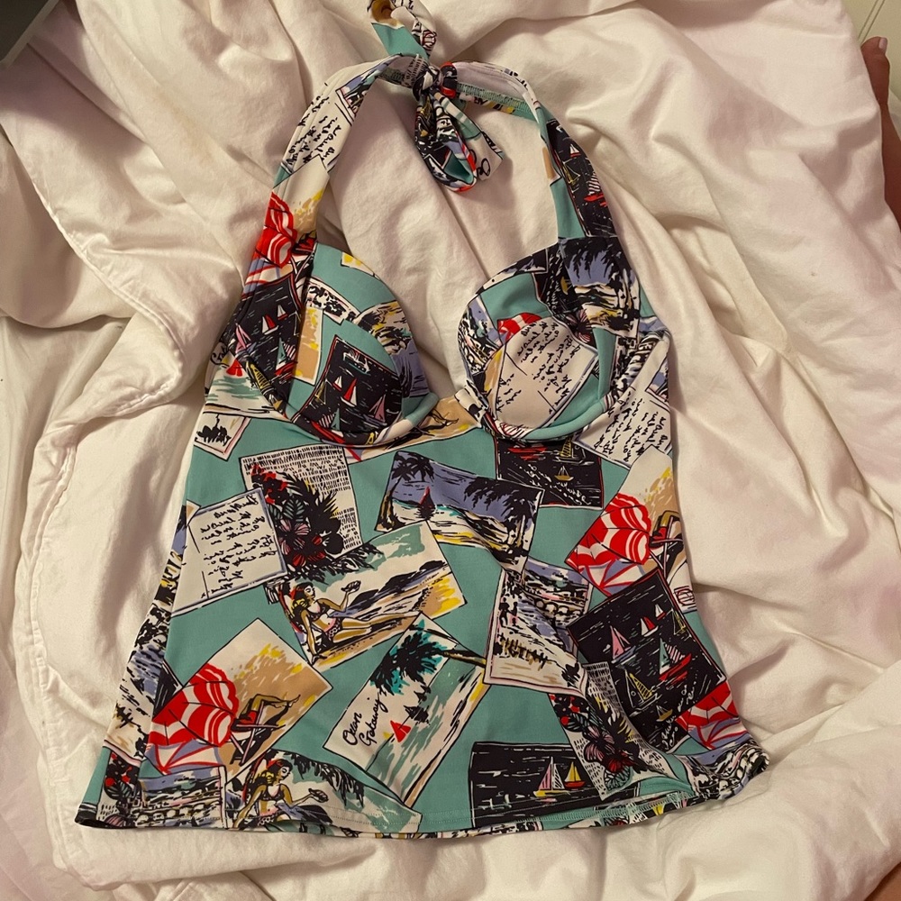 extremely rare victoria’s secret halter swim top in print retro in postcard